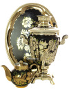 Самовар электрический 3 литра с чайником и подносом, роспись \"Золотые цветы на черном фоне\" с автоотключением, арт. 161656а
